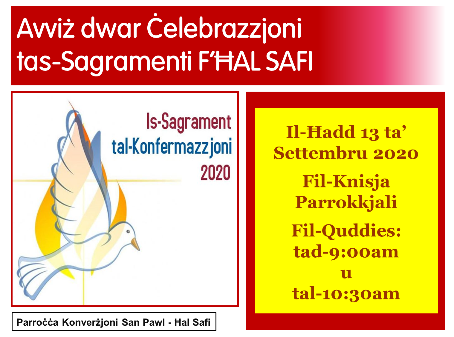 Griżma tal-Isqof 2020 f'Ħal Safi - Miżuri Covid-19 - Poster - Data