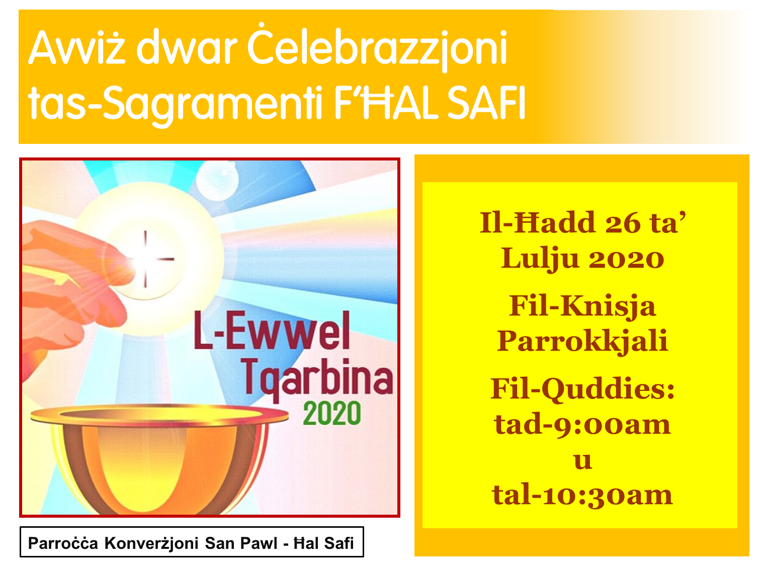 L-Ewwel Tqarbina 2020 f'Ħal Safi - Miżuri Covid-19 - Poster - Data